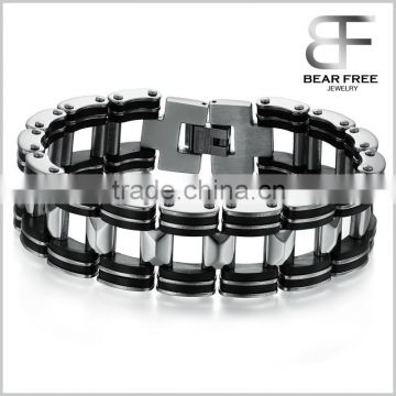 Masculine Mens Stainless Steel link Bracelet Two-tone Soft Black Silicone Bike Chain Bangle