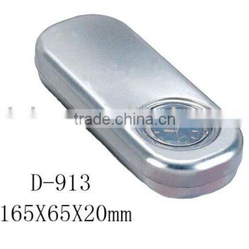 oval shape silver size16.5*6.5*3cm watch tin box with round clear plastic window tin box