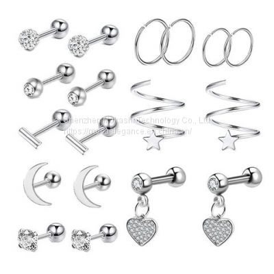 Stainless Steel Stud Earrings,Solid Rhinestone Cartilage Earrings Helix Ear Piercing Jewelry