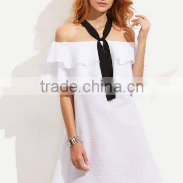 Dresses latest women girl design fashion photos White Crisscross Back Ruffle Off The Shoulder Dress