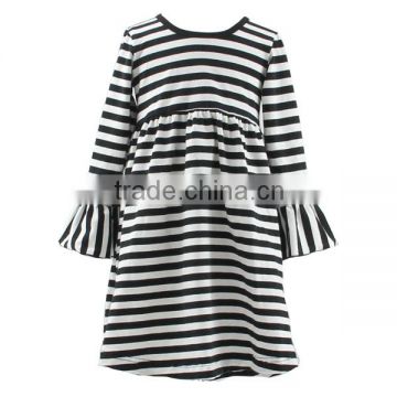 Hot selling baby modern girls dresses a line frocks designs black and white stripe long sleeve dress