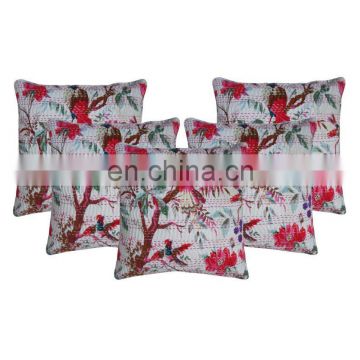 Indian Floral White Bird Print Kantha Cushion Cover Pillow Covers
