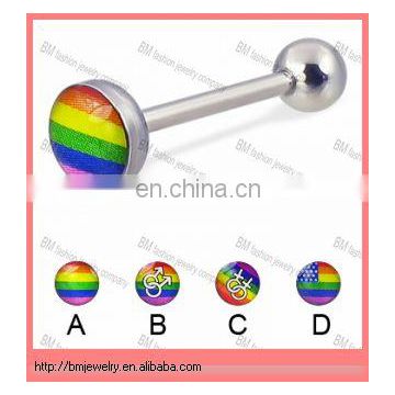 Special Gay Pride Logo tongue ring, 14 gauge straight barbell body piercing jewelry in stainless steel
