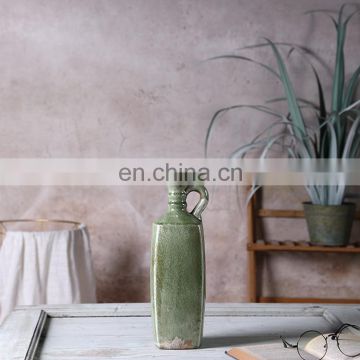 Korea simple custom home decoration vintage light green tall flower ceramic vase with handle