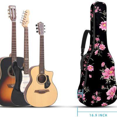 Acoustic Guitar Bag Waterresistant Dual Adjustable Shoulder Strap Guitar Case Bag,Black Pink Flowers and Grass