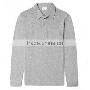 100% Combed Cotton Custom Men Long Sleeves Light Grey Polo Shirt with Knitted Cuffs & Collar