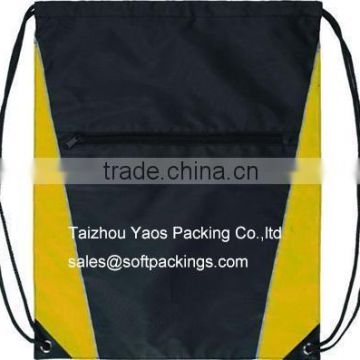 reusable grocery backpack shopping bag with front zipper porket, promotional polyester drawstring bag, custom string bag