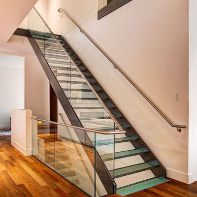 Residential Villa Carbon Steel Interior Laminated Glass Tread Double/Single Plate Beam Straight Stairs