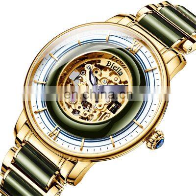 Diellea Men's Mechanical Automatic Jade Gold watch genuine hollow business luxury Sapphire Wristwatch Waterproof Life 6013G