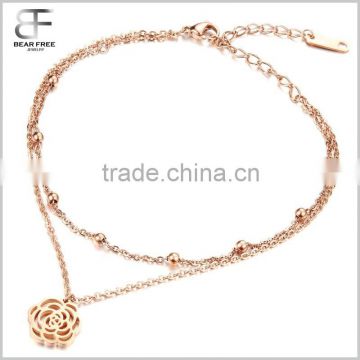Bracelet Ankle Foot Chain Jewellery Stainless Steel Rose Gold Camellia Double Chain Elegant Charm Women