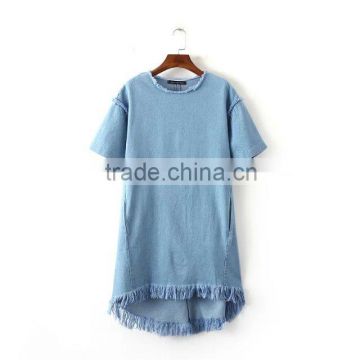 wholesale clothing jeans fabric blue dress short sleeve casual asymmetrical jeans dress for ladies cusual dresses