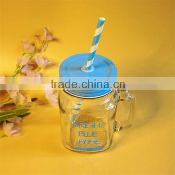 16oz glass drinking mason jar with handle and lid and straw