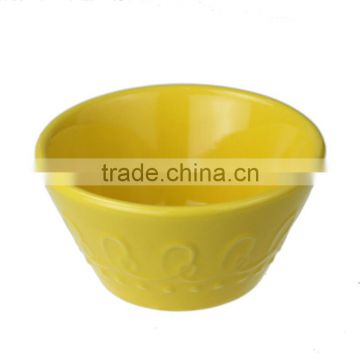 5"yellow color custom embossment ceramic salad bowl
