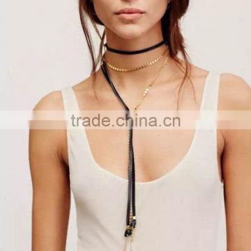 Long rose alloy chain with chamois leather rope necklaces jewelry
