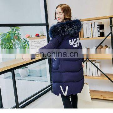 2017 new Korean version of Slim big code solid color hooded large hair collar long feather cotton women