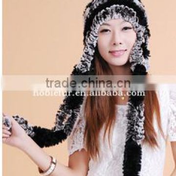 2015 new style rabbit fur hat and scarf two piece set \earflap headwear with long tail