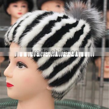 Women Beanies Real Stripe Knitted Mink Fur Caps With Top Silver Fox Fur Ball Hats