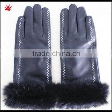 Rabbit fur trim leather gloves women leather gloves