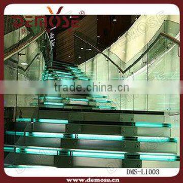 Green led light tempered glass staircase| glass step staircase| stainless steel glass staircase