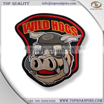 cheap custom fabric &wool wild hogs embroidery patches with self-adhesive ( white hot cut border )