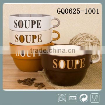 Ceramic stackable soup bowl with handle in chocolate