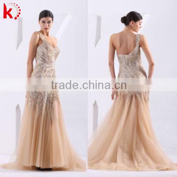 Luxury Heavy Beading Wedding Dress Gold Color Evening Dress