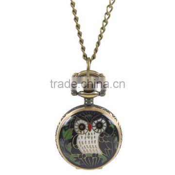 Pocket Watches Round Antique Bronze Owl Pattern Halloween Enamel Black Battery Included 85cm long