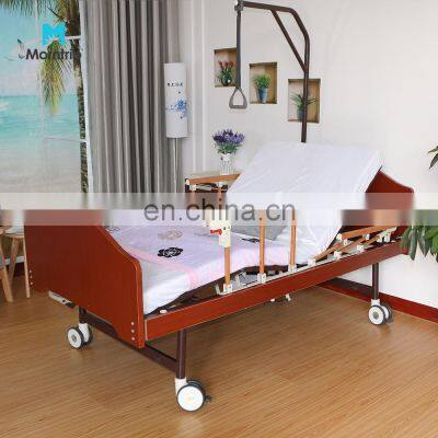 Alloy Guardrail Back Adjustable Wooden Medical Home Care Nursing Single Bed with Rehabilitation Exercise Over Bed Pole Hoist