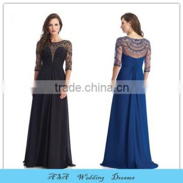 Plus Size Chiffon Sexy Mother of Bride Long Evening Dress Black Beaded Mother of the Bride Dresses Sheer Sleeve 2015(MM854)