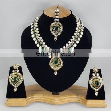 Western Designer Beautiful Pearl Crystal Green Stone Gold Plated Wedding Collection Kundan Zerconic Necklace set