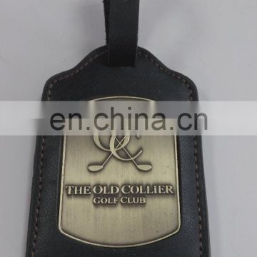 Custom Golf Rectangular Metal Leather Bag Tag In Antique Brass Plating and Die cast