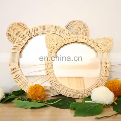 High Quality Baby Rattan Animal Figure Mirror, Cat Ear Nursery Decor Kid's Room WHolesale made in Vietnam