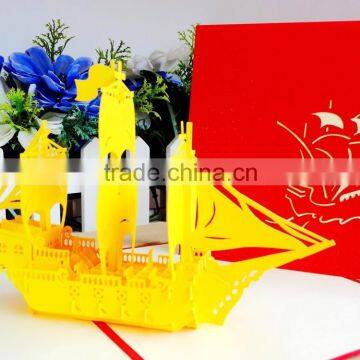 beautiful handmade diy laser cutting yellow color boat pop up greeting cards