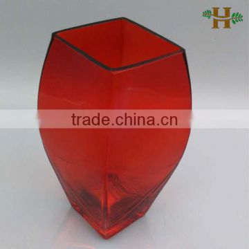 Red Glass Vase, Diamond Shaped Flower Vase