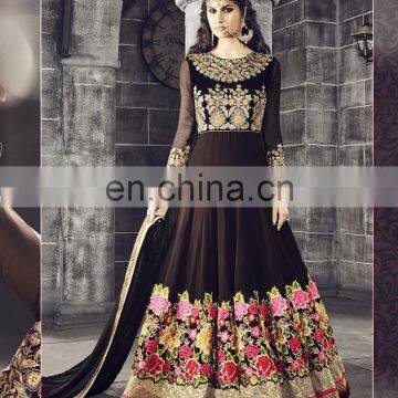 Brown Colored Pure Georgette Heavy Embroidered Suit.