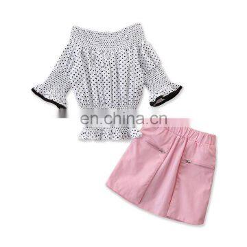 1-6Y Toddler Baby Boy Girl Clothes Sets Polka Dot Flare Ruffles Sleeve T Shirts Tops+Pink A-Line Skirts