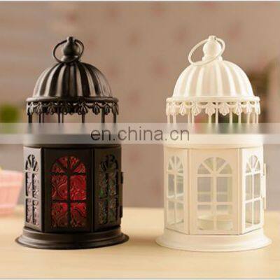 European Style Castle Candlestick Colorful Glass Candle Lantern Metal Candle Lantern For Festival Decoration