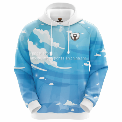 Customized Sublimation Hoodie with White Clouds and Blue Sky Pattern