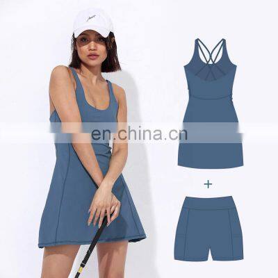 OEM Custom Breathable Elastic Solid  Tennis Dress With Shorts Sexy Tennis Skirt Two Piece For Women