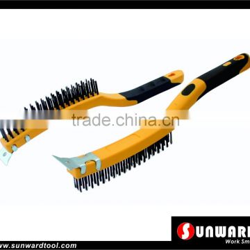Steel Wire Brush with Soft Grip Long Handle,with Scraper