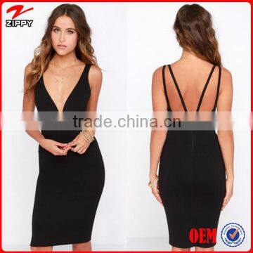 2016 new design plus size bodycon dress low cut deep V front black bodycon dress