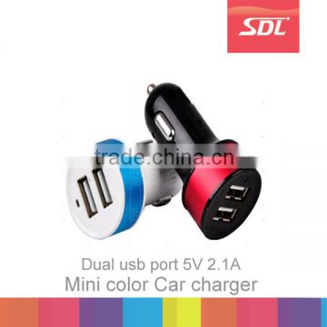 Mini Dual port USB car charger adapter, 2.1A Color aluminum circle band auto car adaptor,Two usb car charger