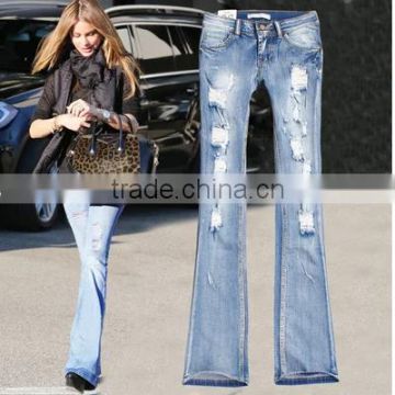 Top fashion hot sell women denim jeans Pants acid wash Flare Bell Ripped Jeans