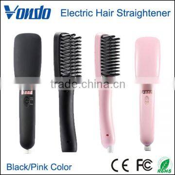 Electric LCD Temperature Hot Hair Straightener Hair Brush (Black And Pink)