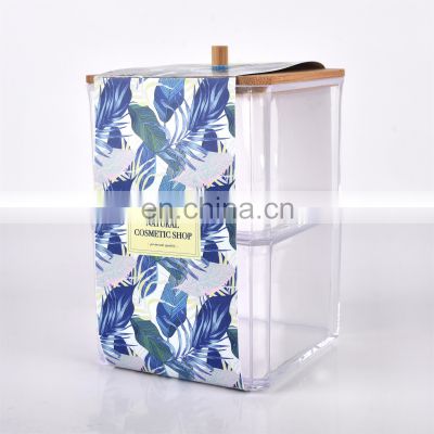 Portable Clear Plastic Bathroom And Desk Cotton Swab Pad Storage Holder With Bamboo Lid