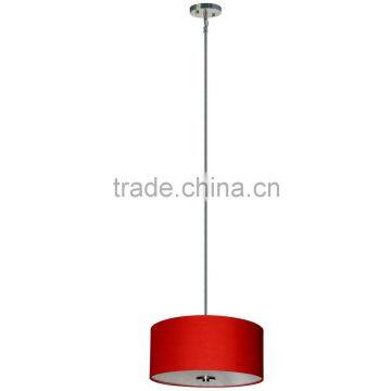 3 light chandelier(Lustre/La arana) in satin steel finish with round silk look 16" chili pepper red fabric shade