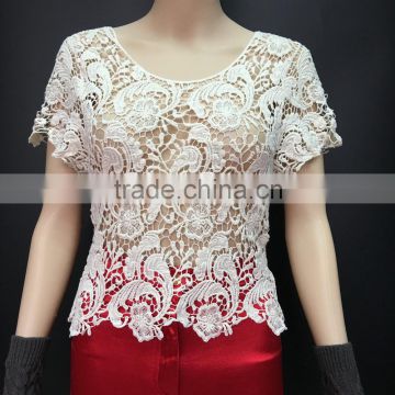 Women summer fashion short sleeve white lace tops 2016 ladies T shirt