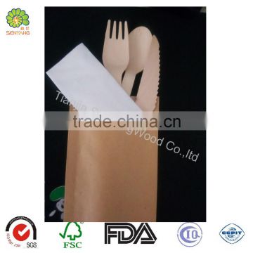 Disposable Wooden Cutlery Set In Brown Paper Packing,Wooden Fork Spoon Knife