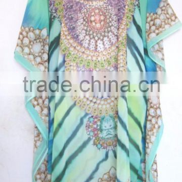 Printed digital crystal embellished lace up kaftan CAFTAN tunic poncho blouse