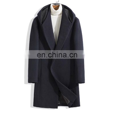 Young and middle-aged men's windbreaker woolen coat mid-length hooded trendy urban fashion big lapel loose big hood
